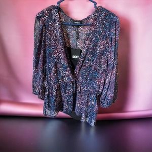 NWT DKNY Womens  Printed Geometric Long sleeve Blouse Shirt Top small Purple